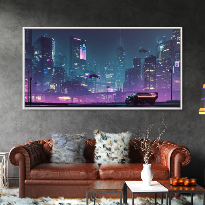 Futuristic Cyberpunk Cityscape At Night With Neon Lights And Hover Cars Wall Art, Vibrant Canvas Print For Modern Living Room Decor