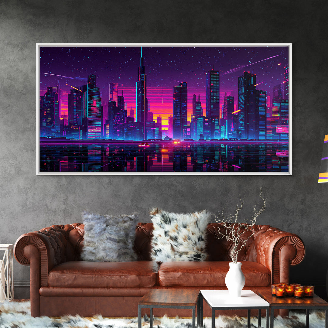 Vibrant Neon Cityscape With Reflective River And Pink Purple Sky Canvas Print Modern Urban Wall Art