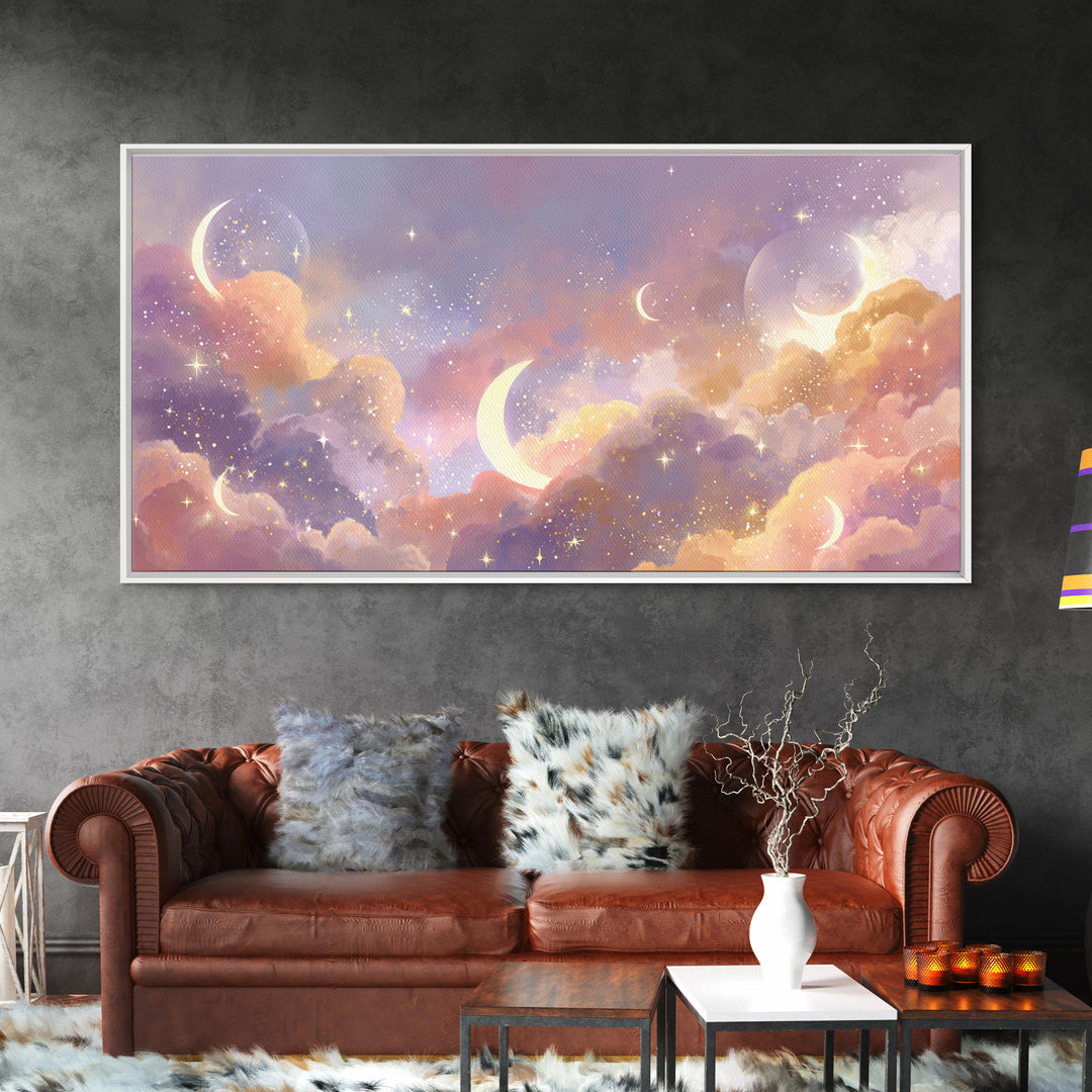 Glowing Crescent Moon Clouds Wall Art, Celestial Decor, Galaxy Art, Space Wall Art, Dreamy Bedroom Decor, Framed Canvas Print