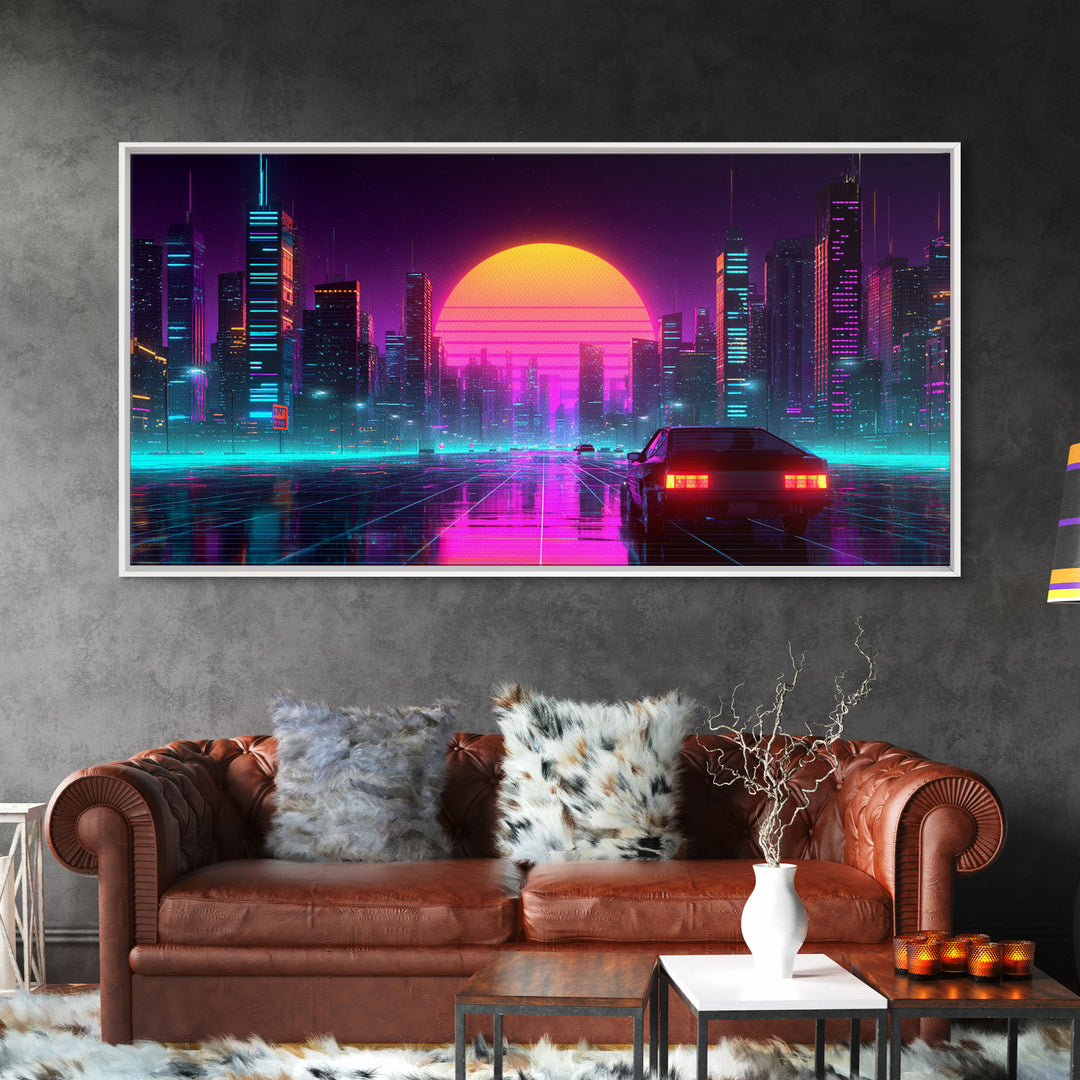 Vibrant Futuristic Cityscape Neon Lights Digital Artwork Modern Wall Art Canvas Print For Urban Living Room Decor