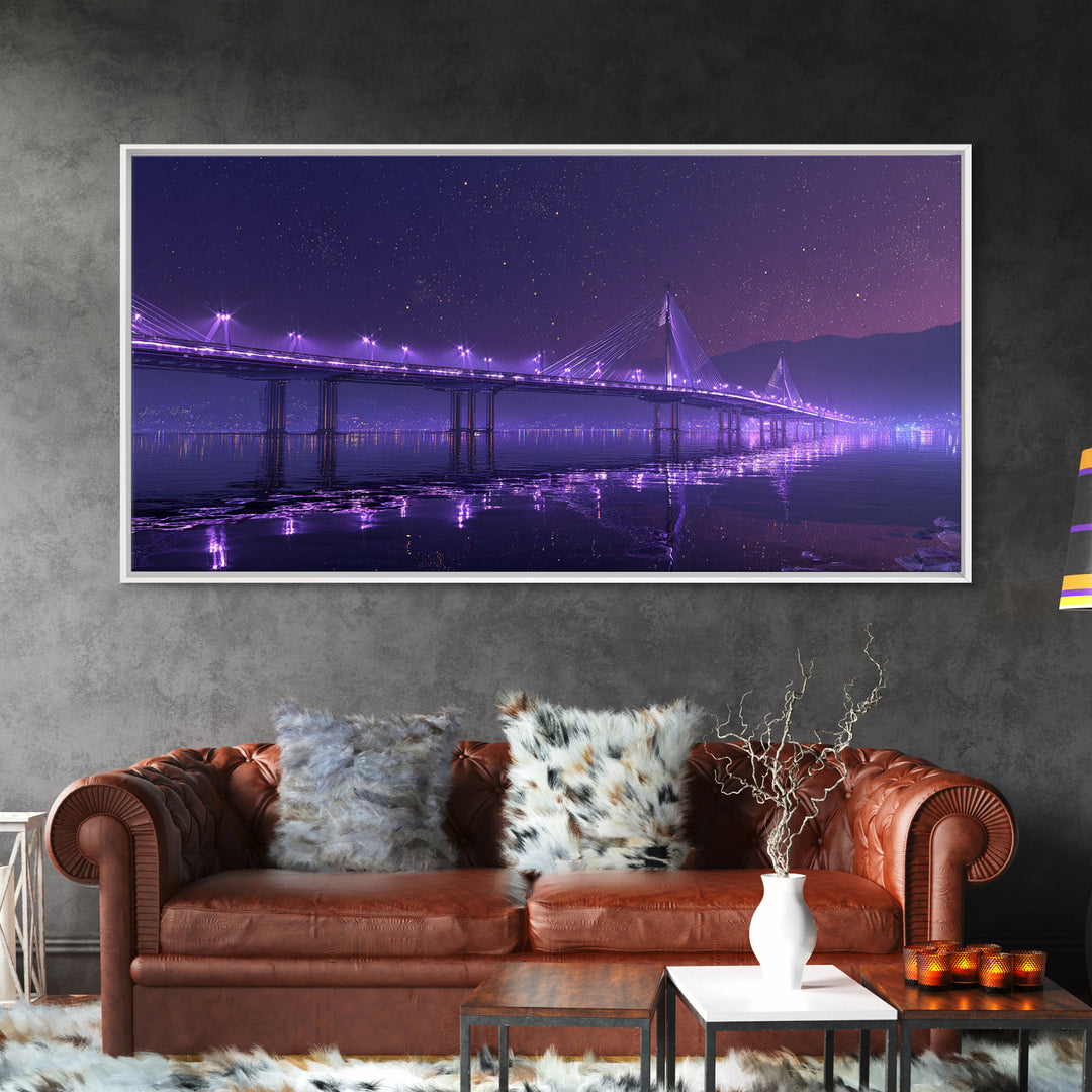 Nighttime Cityscape With Illuminated Bridge Over Waterstars Sky Reflections Beautiful Large Wall Art Framed Canvas Print