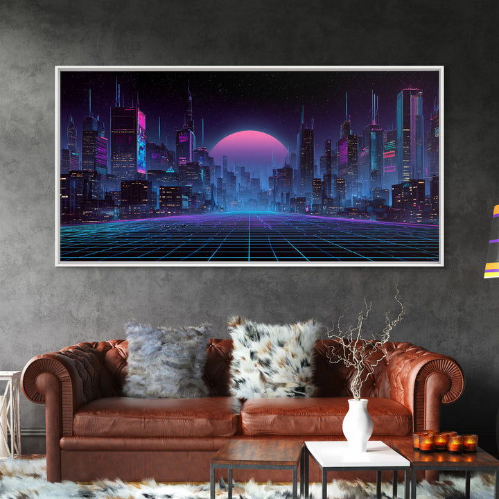 Cyberpunk Futuristic Cityscape Landscape With Neon Lights And Moon Framed Canvas Print For Modern Wall Art And Office Decor