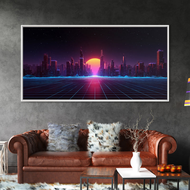 Futuristic Cyberpunk Neon City Digital Artwork With Vibrant Sunset And Grid-Like Road Abstract Sci-Fi Framed Canvas Print For Modern Wall Decor