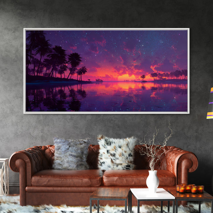 Tropical Sunset Beach With Palm Trees Landscape Painting Canvas Print For Coastal Wall Art