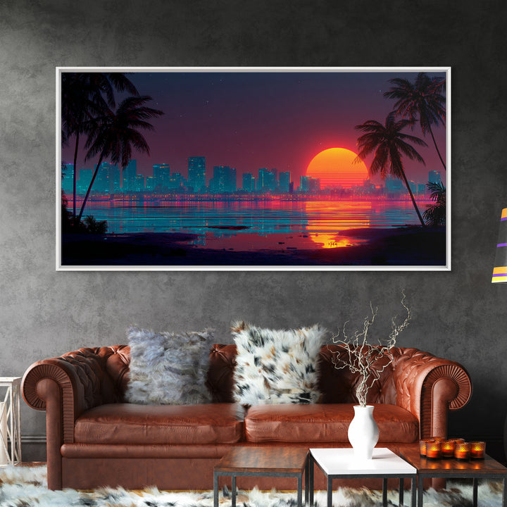Futuristic Neon Cityscape With Illuminated Pyramid And Mountain Backdrop Modern Wall Art Framed Canvas Print