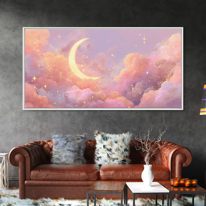 Golden Crescent Moon Clouds Wall Art, Pastel Celestial Decor, Pink Wall Art, Dreamy Nursery Art, Whimsical Decor, Canvas Print