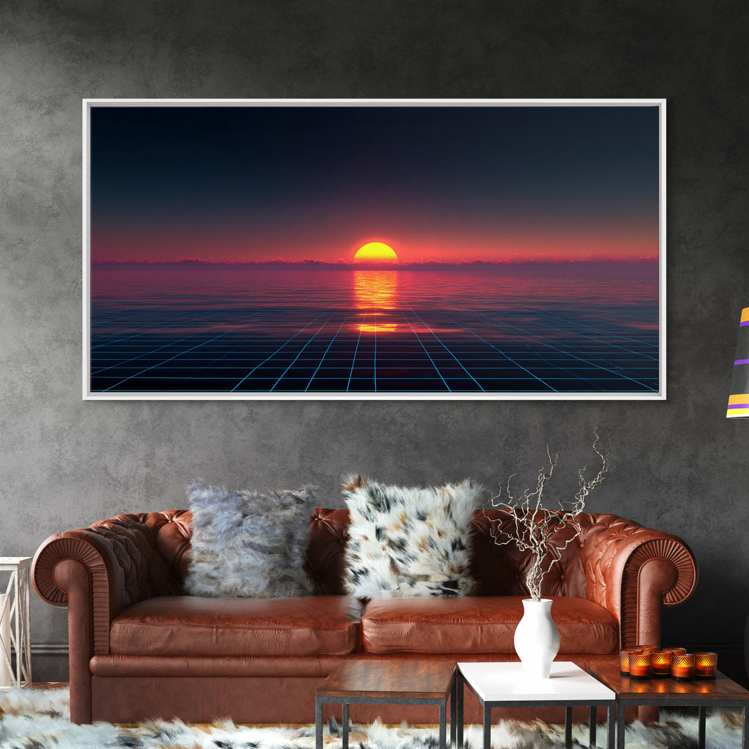 Retro Futuristic Sunset Over Ocean With Neon Grid Horizon Wall Art Modern Digital Canvas Print For Home