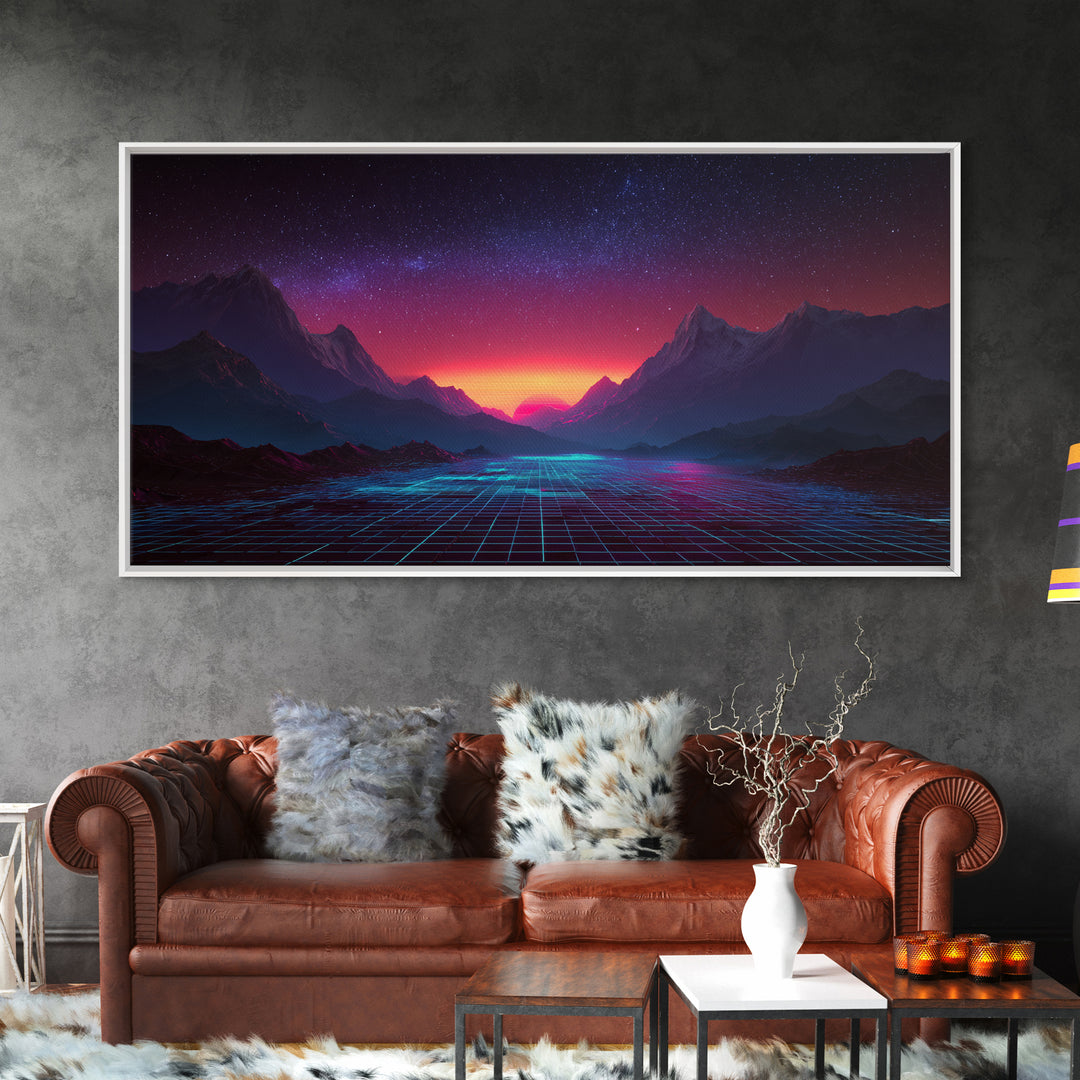Futuristic Cyberpunk Landscape With Neon Mountains And Grid Canvas Print Modern Wall Art Home Decor Abstract Wall Decor
