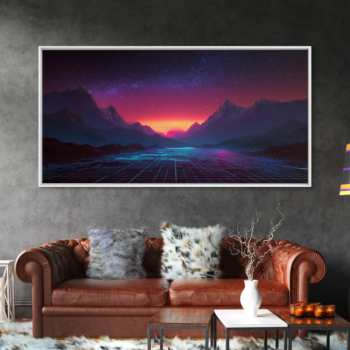 Futuristic Cyberpunk Landscape With Neon Mountains And Grid Canvas Print Modern Wall Art Home Decor Abstract Wall Decor