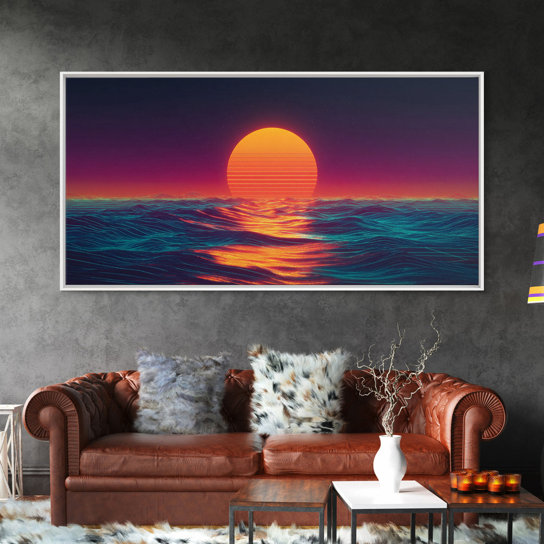 Retro Futuristic Neon Sunset Over Ocean Vibrant Wave Wall Art Canvas Print For Modern Living Room Decor