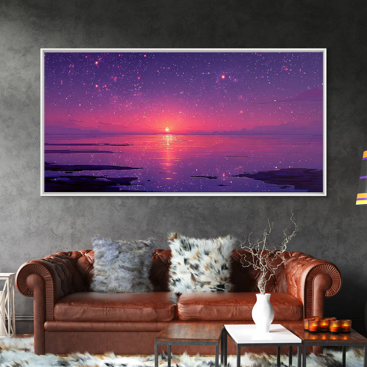 Starry Purple Night Sunset Over Calm Lake Landscape Wall Art Framed Canvas Print With Dreamy Celestial Sky And Tranquil Water Reflections