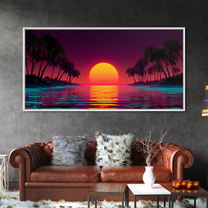Vibrant Sunset Over Tropical Beach With Palm Trees Canvas Print Colorful Wall Art Modern Coastal Decor