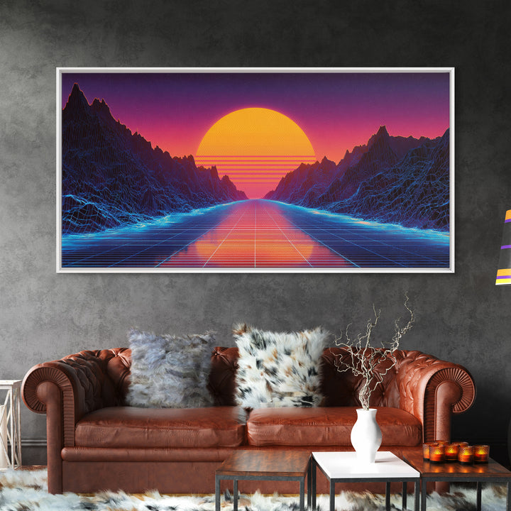 Retro Futuristic Neon Sunset Landscape With Grid Road Abstract Digital Canvas Print Modern Wall Art For Bedroom And Office Decor
