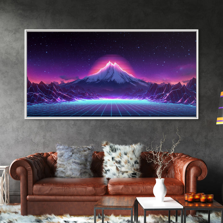 Retro Futuristic Digital Landscape Of Neon Grid And Majestic Mountain Scene Wall Art Modern Canvas Print For Unique Decor