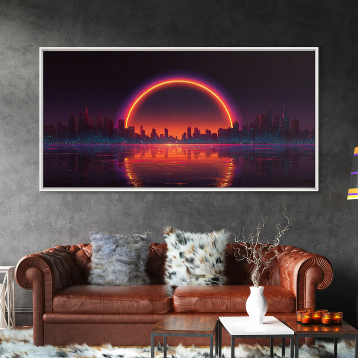 Vibrant Futuristic Cyberpunk Cityscape With Neon Sunset Reflection Wall Art Canvas Print Bright Modern Home Office Decor