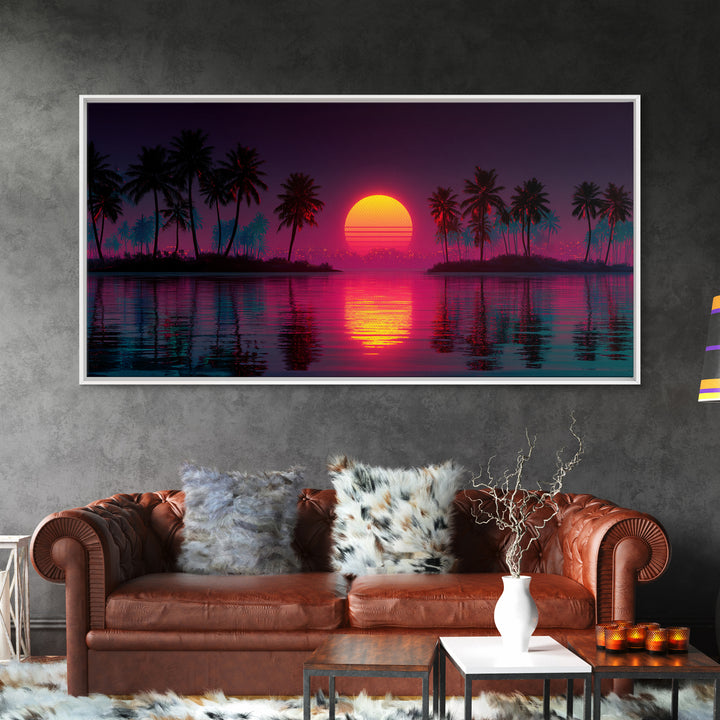 Vibrant Retro Sunset With Palm Trees Coastal Wall Art Framed Canvas Print For Tropical Home Decor