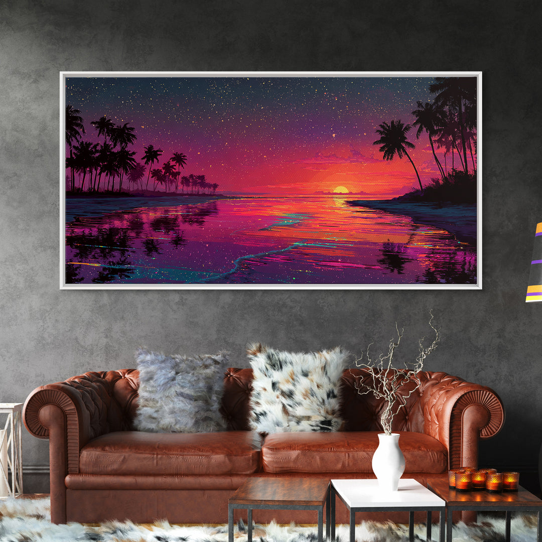 Vibrant Sunset Over Tropical Beach With Palm Trees And Colorful Reflection Canvas Print Modern Wall Art