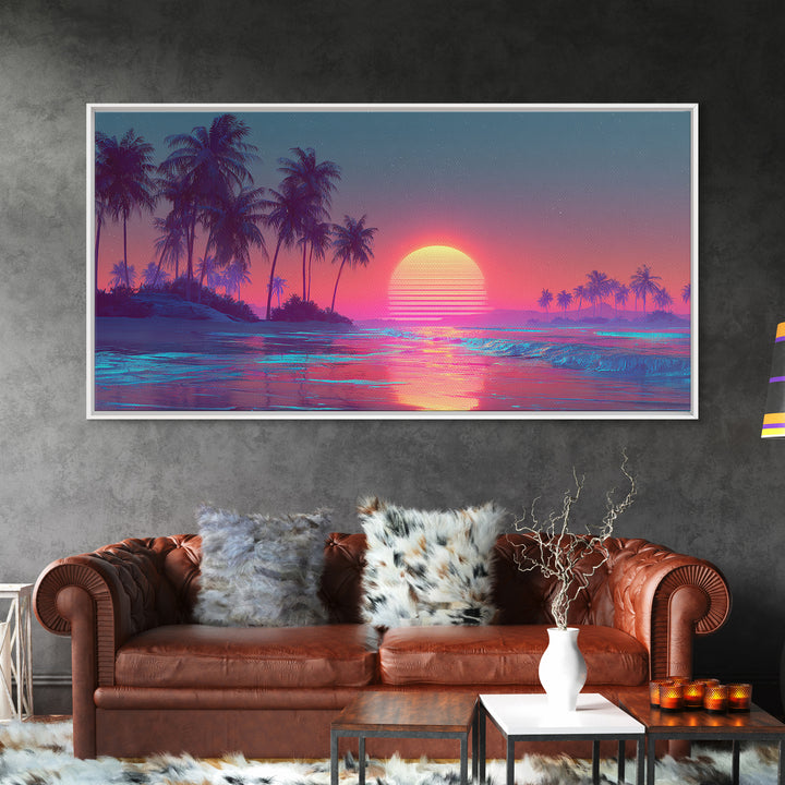 Pink And Blue Vibrant Tropical Beach Sunset With Palm Trees Coastal Wall Art Canvas Print Modern Boho Home Decor For Living Room Or Bedroom