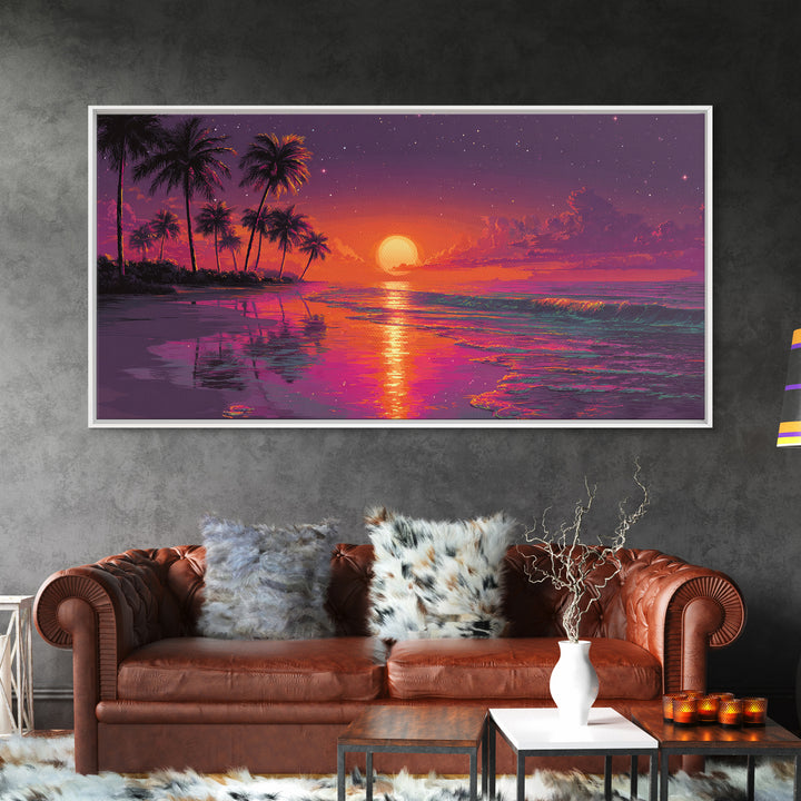 Vibrant Abstract Landscape With Neon Sunset And Mountains Canvas Print Modern Wall Art Contemporary Decor Living Room Art