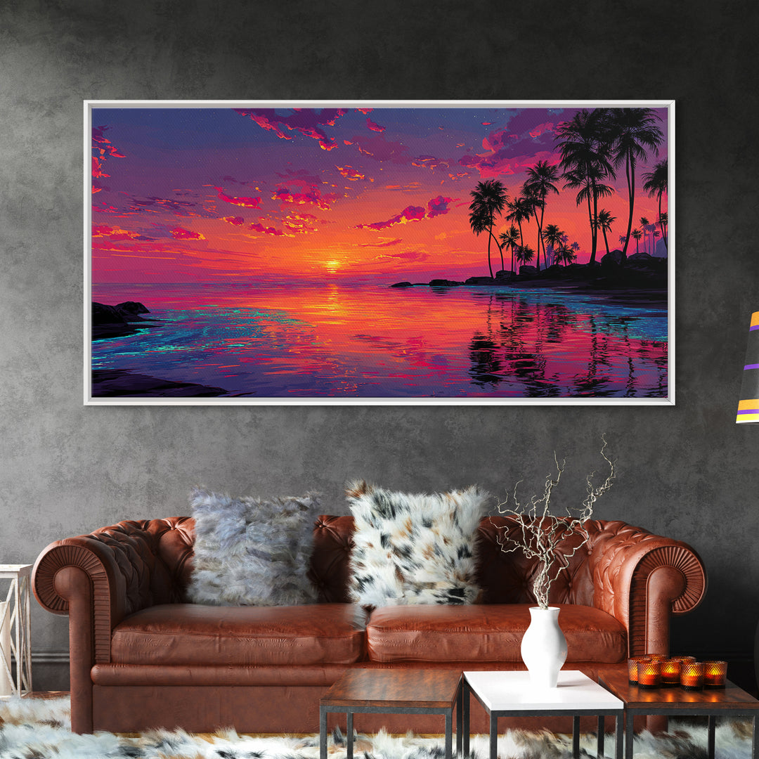 Beautiful Tropical Sunset Over Calm Ocean With Palm Trees Coastal Wall Art Framed Canvas Print For Bedroom Or Vacation Home Decor