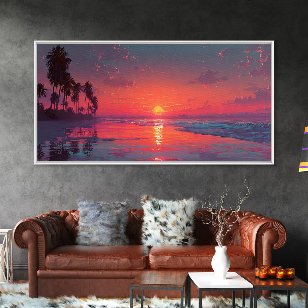 Tropical Sunset Over Calm Ocean With Palm Trees Beautiful Nature Scene Wall Art Framed Canvas Print For Home Decor