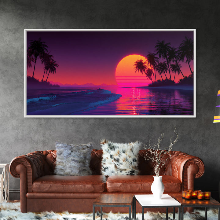 Retro Neon Sunset Over Ocean With Palm Trees And Vibrant Pink Horizon Tropical Wall Art Framed Canvas Print For Coastal Decor