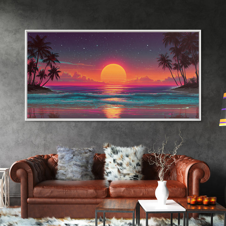 80s Style Digital Sunset Beach Scene With Palm Trees Retro Aesthetic Coastal Wall Art