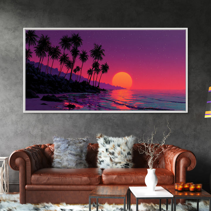 Vivid Tropical Sunset Over Ocean With Palm Trees Silhouette Canvas Print Large Wall Art For Living Room Decor And Coastal Home