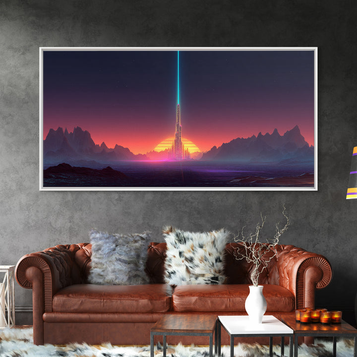 Digital Art Cityscape With Tower And Neon Beam At Sunset Colorful Futuristic Wall Art Framed Canvas Print