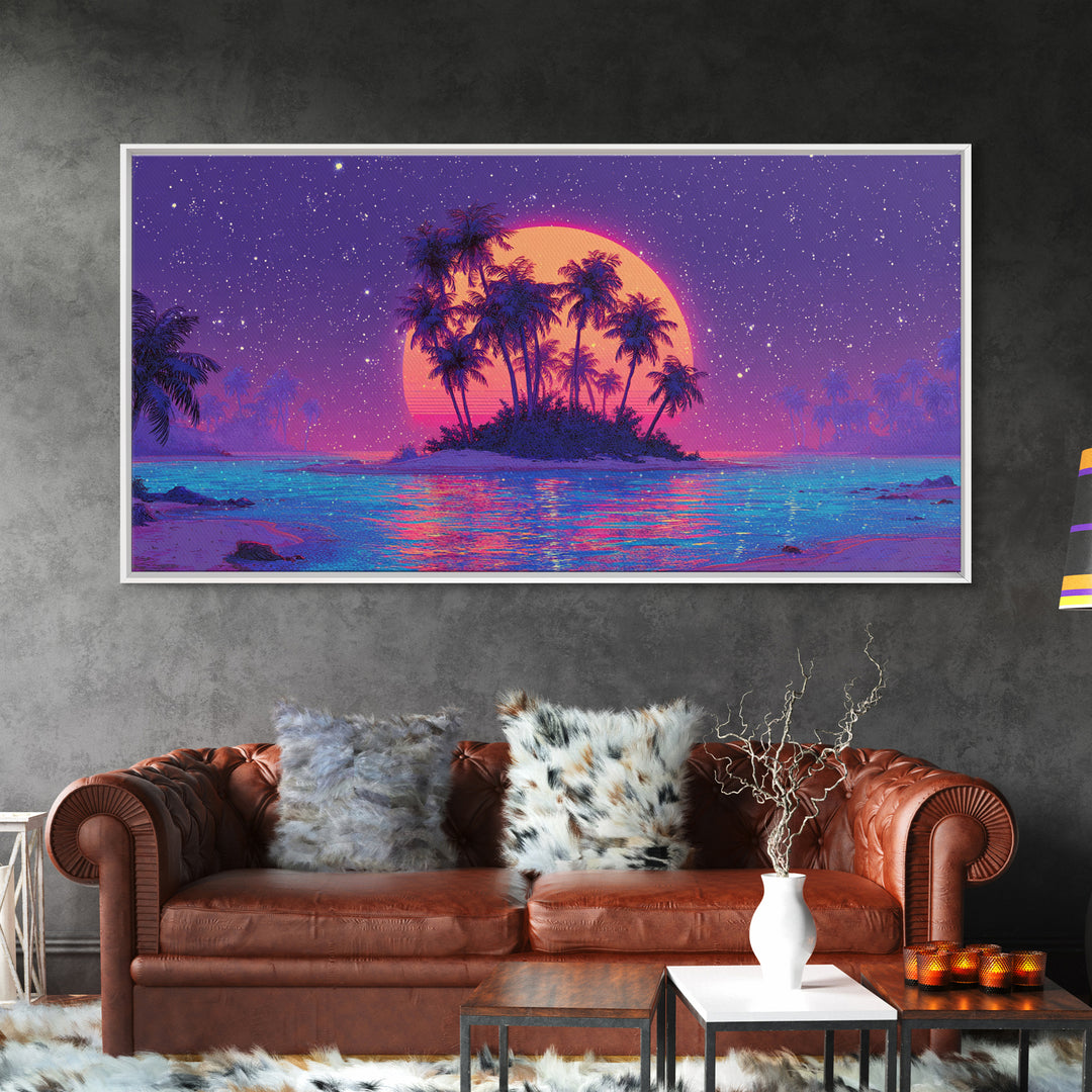 Vibrant Neon Sunset Over Tropical Island With Palm Trees Canvas Print For Modern Wall Art Home Decor
