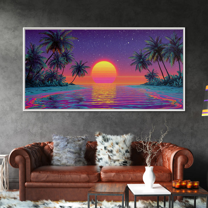 Vibrant Neon Tropical Sunset With Palm Trees And Starry Sky Beach Wall Art Modern Wall Decor Canvas Print