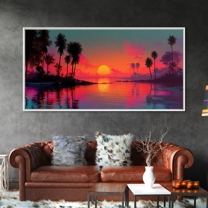 Vivid Pink Orange Tropical Sunset Over Calm Ocean With Palm Trees Coastal Wall Art Framed Canvas Print Bohemian Beach Home Decor Wall Decor