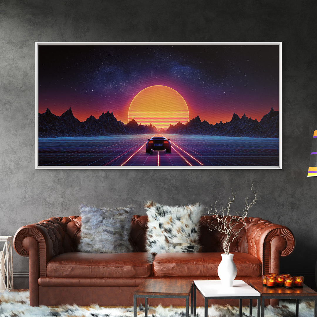 Retro Futuristic 80s Style Neon Sunset With Grid Road And Mountains Vibrant Digital Artwork Ideal For Gaming Room Wall Art And Modern Home Decor Canvas Print