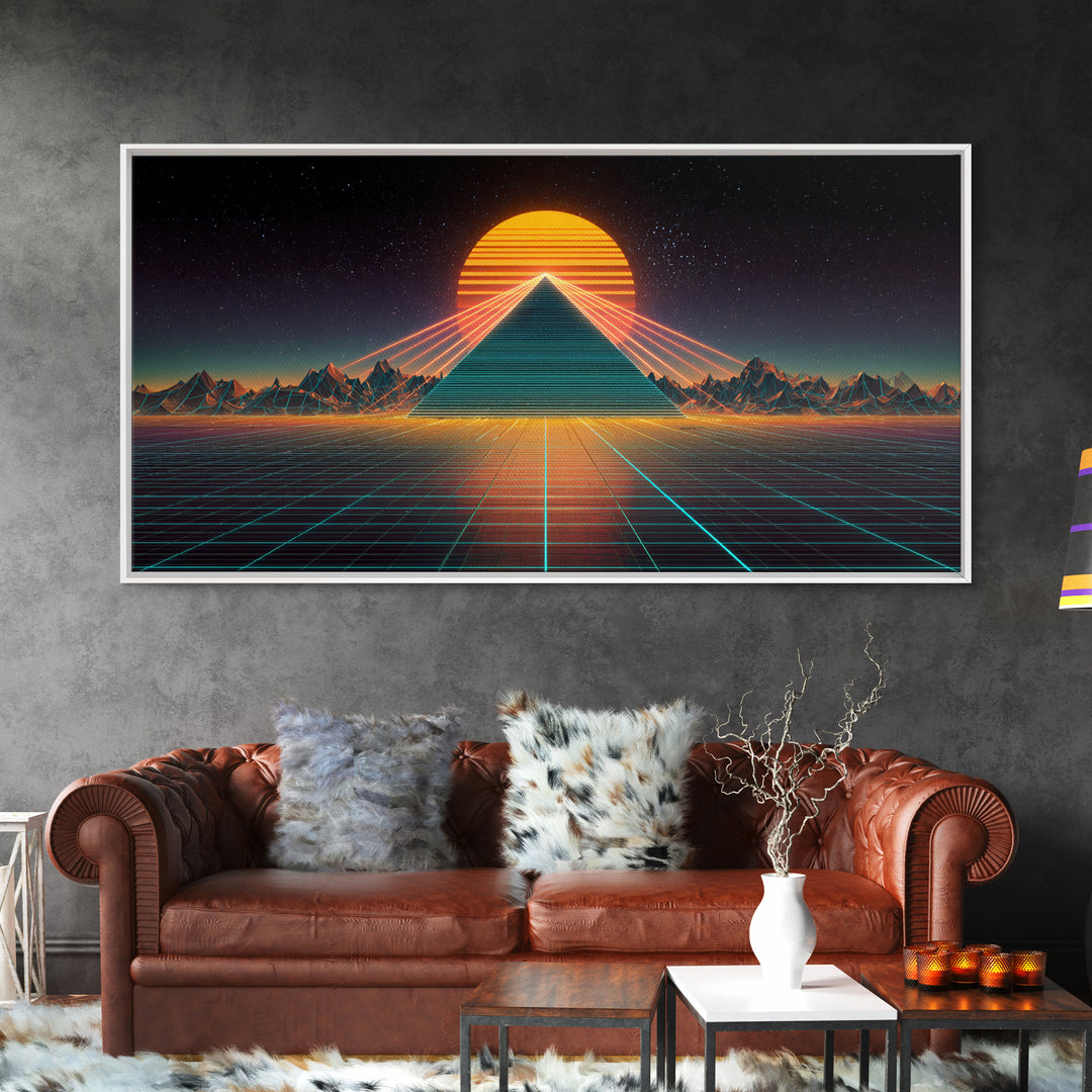 Futuristic Neon Pyramid With Laser Lights At Sunset Digital Artwork, Modern Wall Art Framed Canvas Print For Contemporary Home Decor