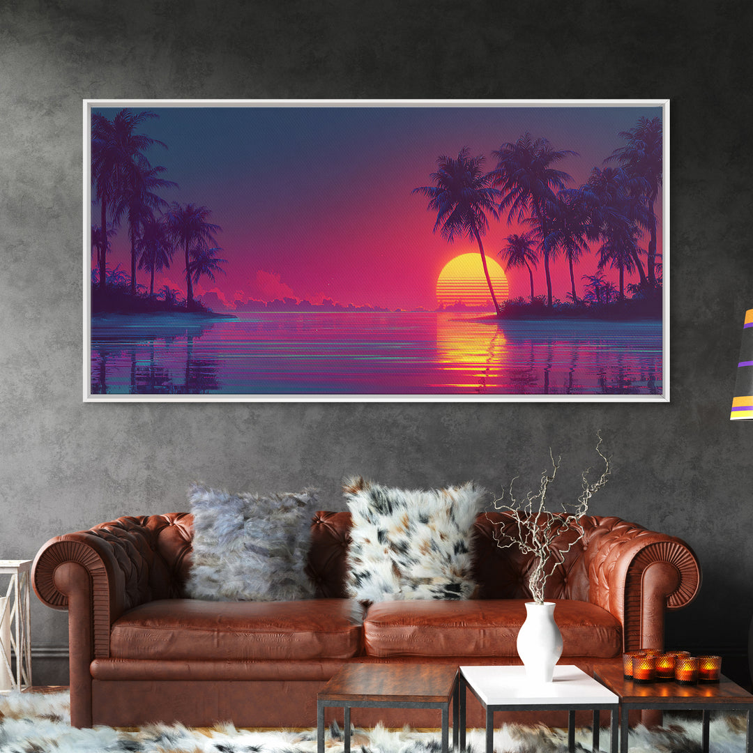Vibrant Retro Sunset Beach Scene With Palm Trees And Ocean Reflection Wall Art