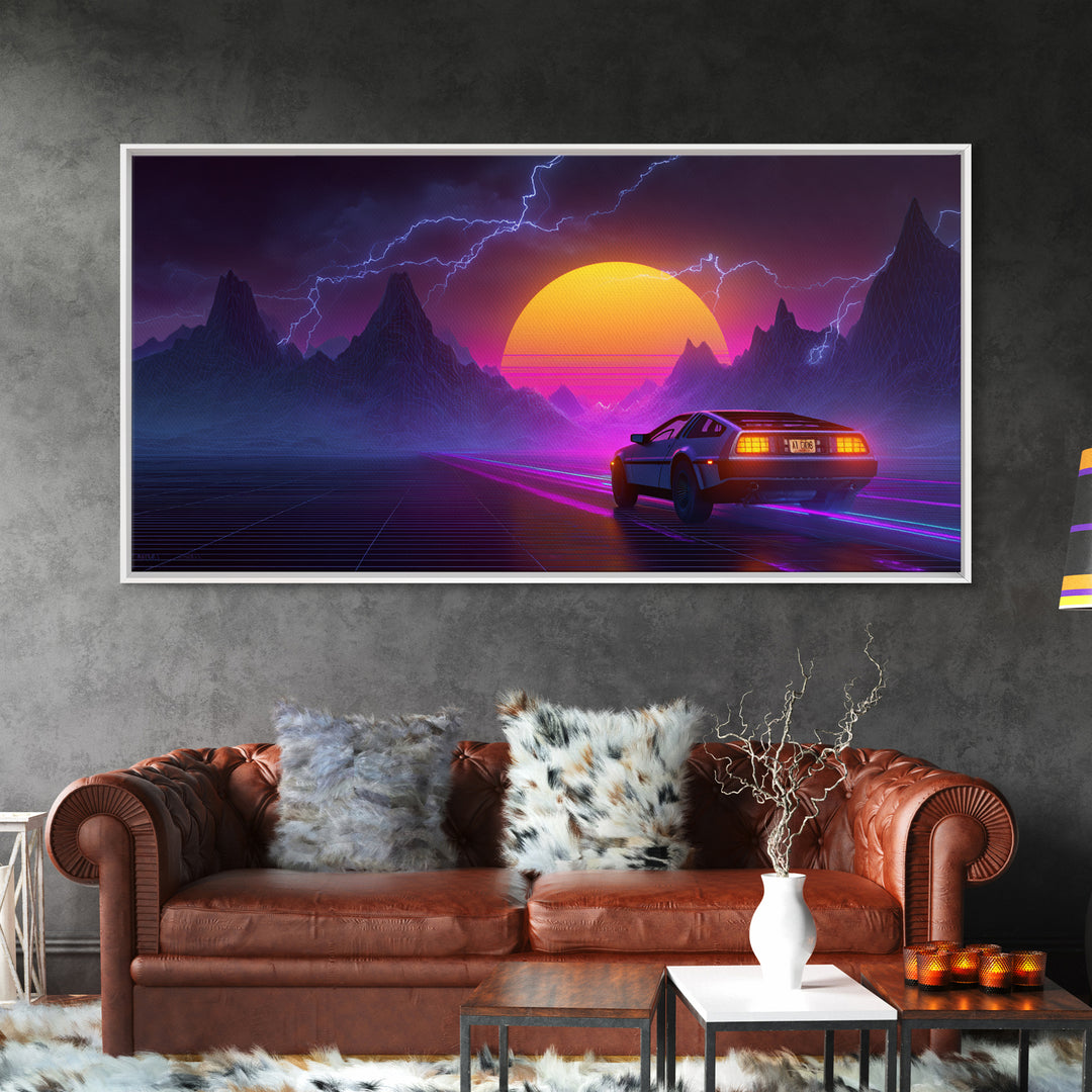 Retro Futuristic Neon Landscape With DeLorean Car Canvas Print Synthwave Wall Art Abstract Wall Decor Modern Home Decor