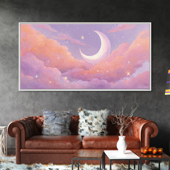 Pastel Crescent Moon In Pink Clouds Wall Art, Celestial Nursery Decor, Dreamy Bedroom Print, Whimsical Starry Sky, Aesthetic Room Decor