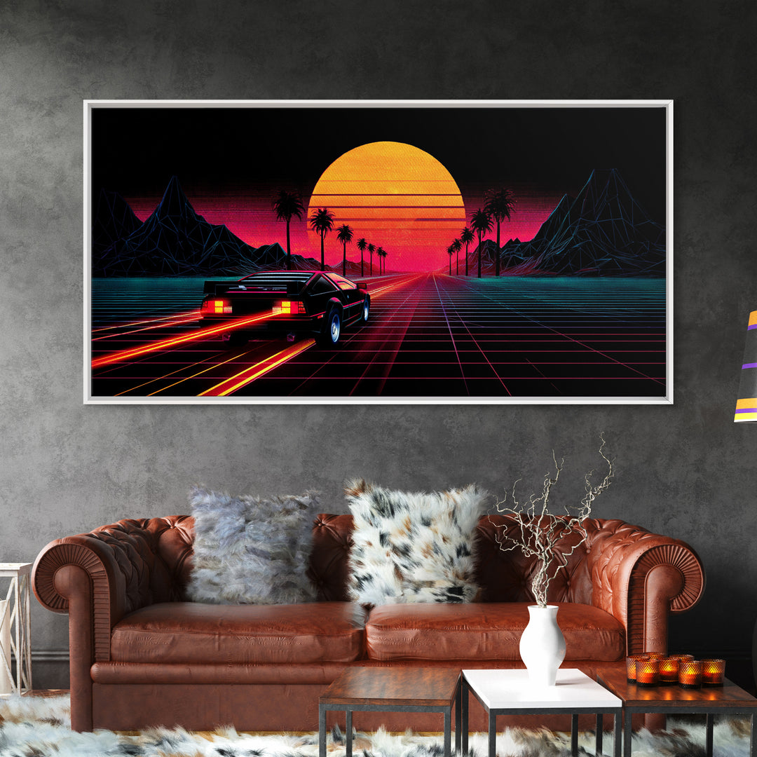 Retro Futuristic Sunset With Sportscar And Palm Trees Neon Vibes Canvas Print For Gaming Room Or Office Decor