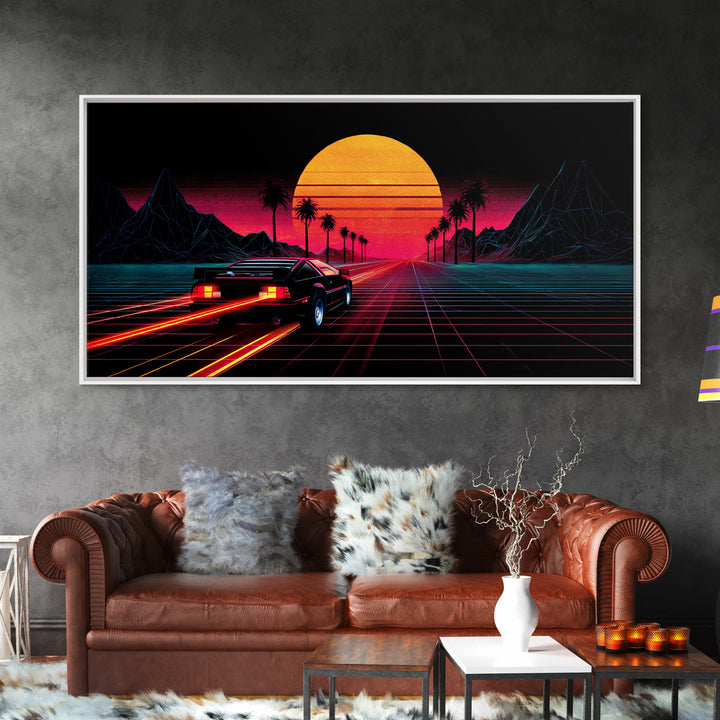 Retro Futuristic Sunset With Sportscar And Palm Trees Neon Vibes Canvas Print For Gaming Room Or Office Decor