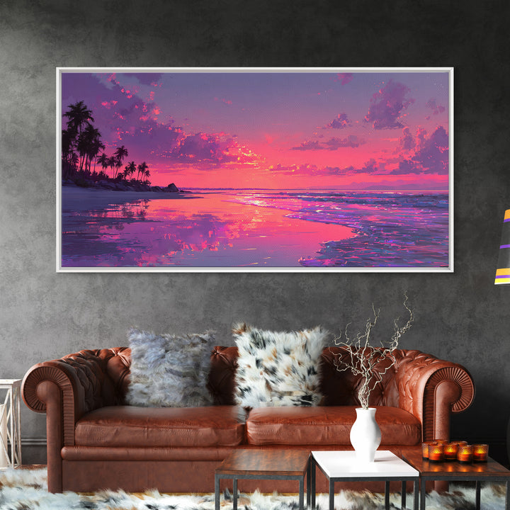 Peaceful Pink Sunset At Tropical Beach Ocean Landscape Wall Art Framed Canvas Print Coastal Home Decor