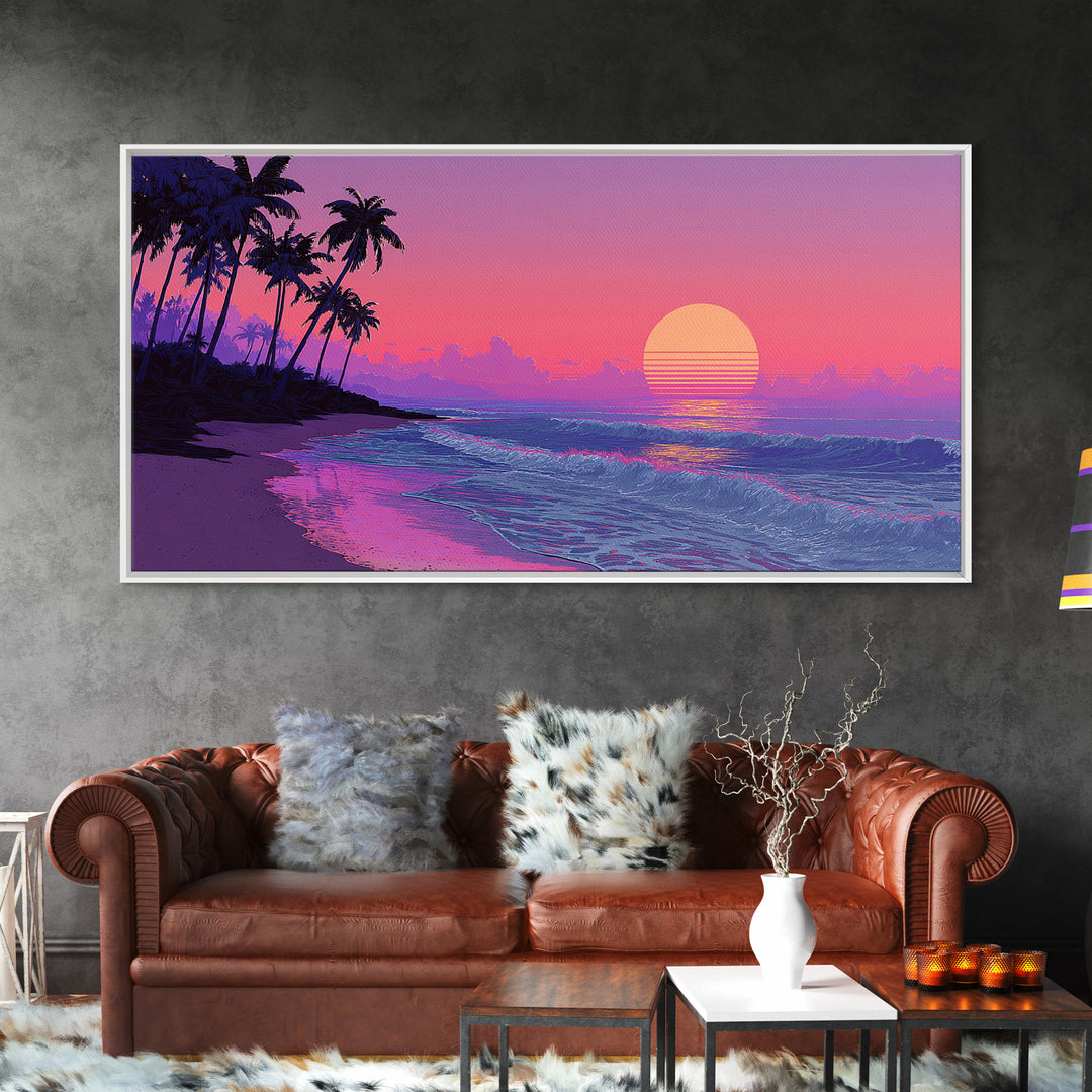 Bright Sunset Seaside Beach Landscape Digital Painting Large Wall Art For Living Room Decor Canvas Print
