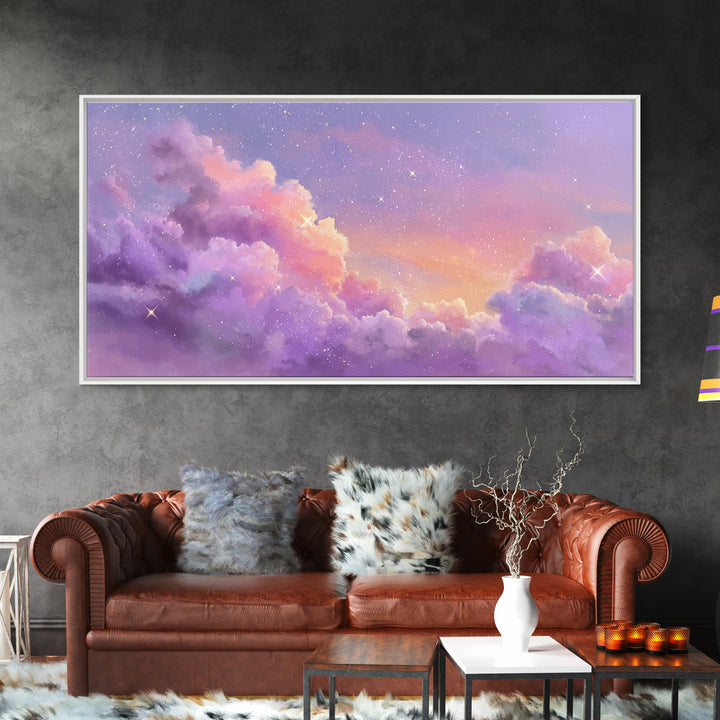 Purple Starry Clouds At Sunset Canvas Print, Dreamy Celestial Wall Decor, Pastel Sky Bedroom Art, Whimsical Room Decor Gift