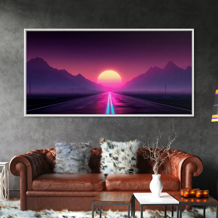 Surreal Sunset Road Landscape Featuring Mountains And Vibrant Sky Framed Canvas Print Modern Wall Art For Living Room