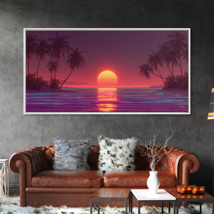 Vibrant Neon Red Sunset Over Ocean With Palm Trees Canvas Print Colorful Coastal Wall Art Tropical Beach Decor