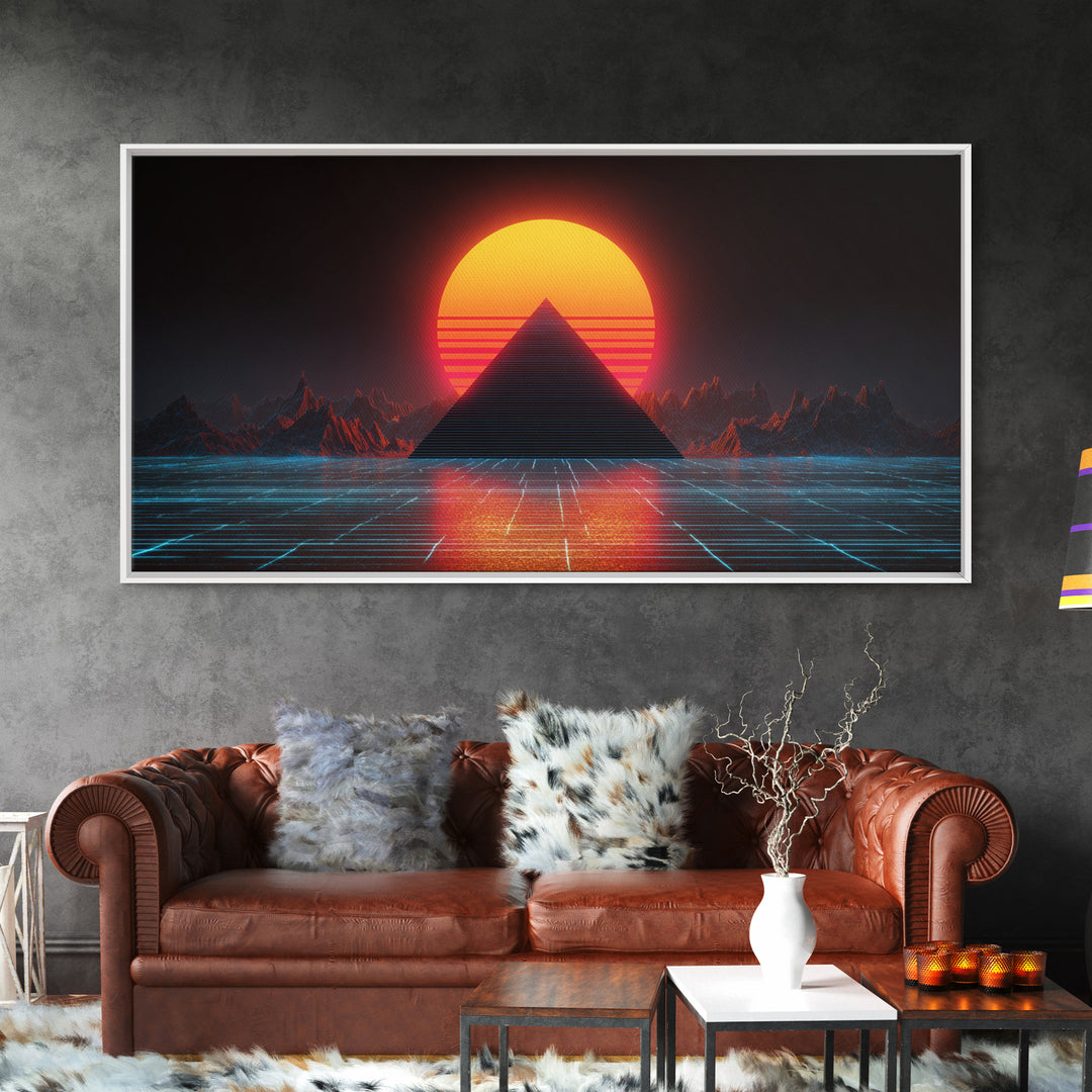 Retro Futuristic Neon Pyramid Sunset Sci Fi Digital Artwork Wall Art For Modern Home Office Decor Framed Canvas Print
