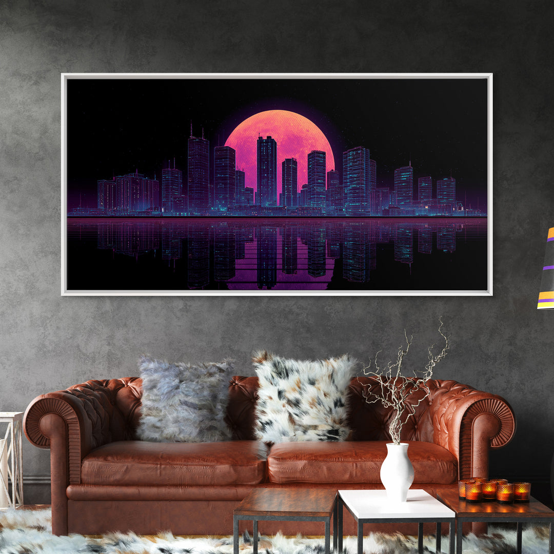 Futuristic Neon Cityscape Night Skyline With Pink Full Moon Canvas Print Urban Wall Art Print Decor