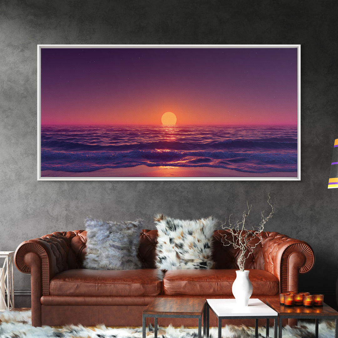 Vibrant Sunset Over Calm Ocean Waves With Pink And Purple Sky Beautiful Coastal Wall Art Framed Canvas Print For Bedroom Decor