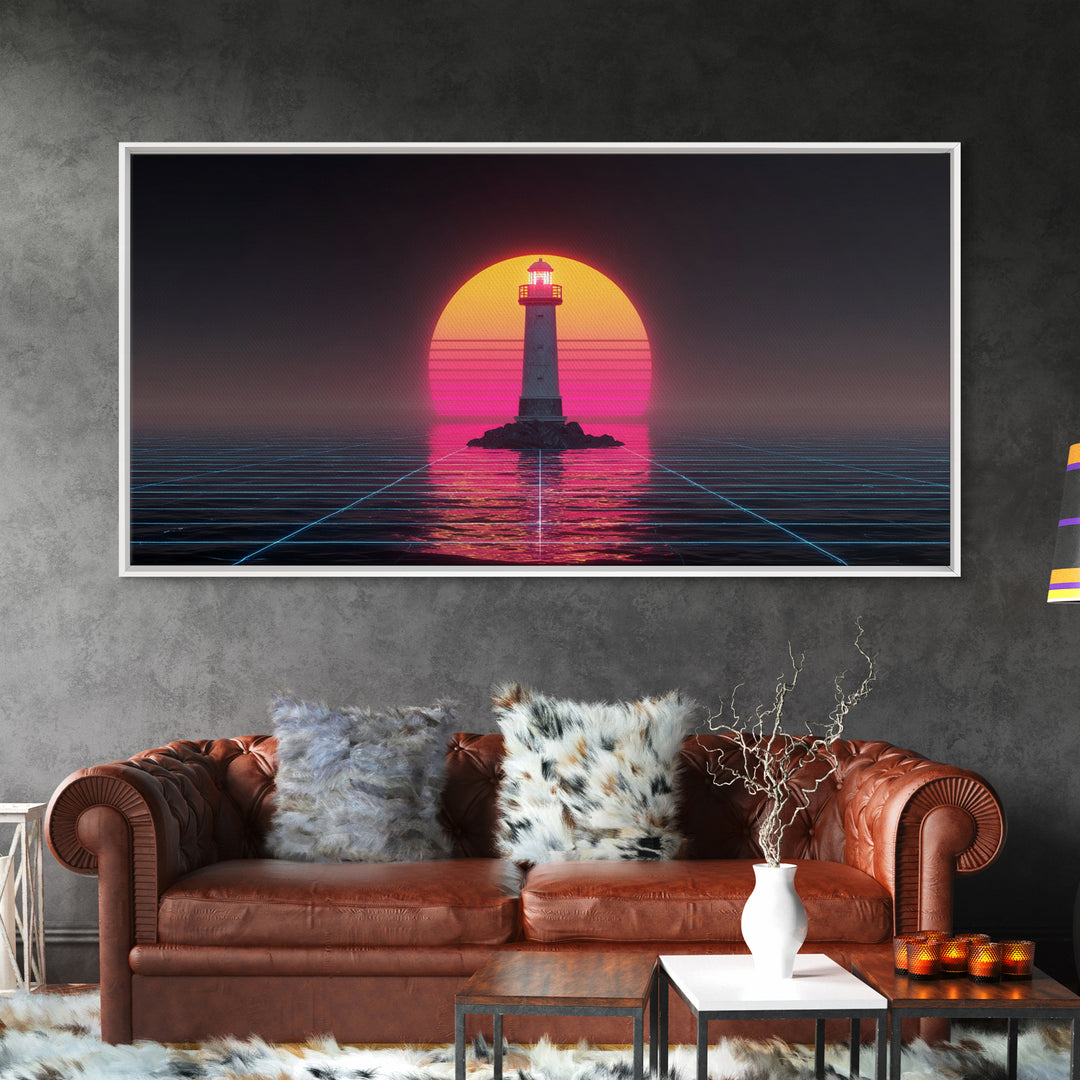 Retro Futuristic Neon Lighthouse Digital Painting Canvas Print Trendy Wall Art Modern Home Decor For Living Room And Office
