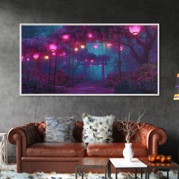 Tranquil Japanese Garden Pathway With Lanterns And Torii Gate At Night Atmospheric Wall Art Canvas Print