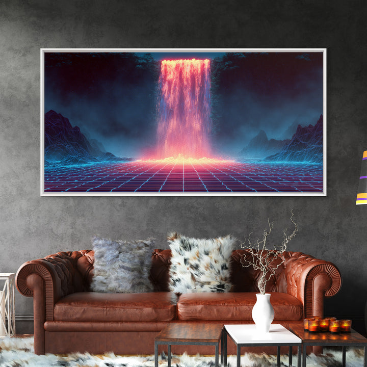 Glowing Neon Digital Waterfall With Futuristic Mountains Wall Art Framed Canvas Print Unique Modern Art Decor For Office Or Living Room